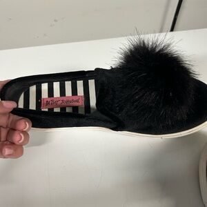Betsey Johnson Black Slip-On Sneakers with Pom-Pom